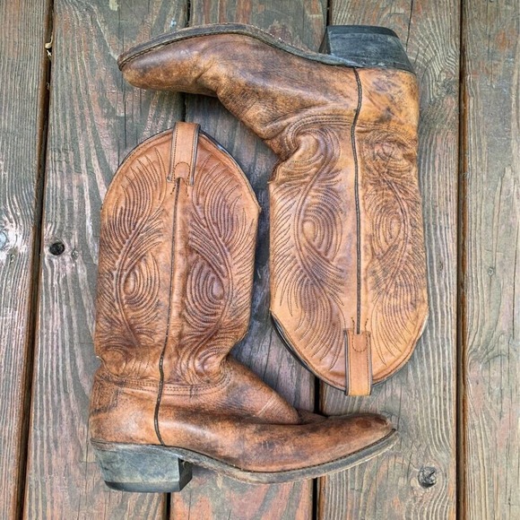 Abilene Other - Abilene Mens Cowboy Western Boots Brown Leather Almond Toe Tooled Pull Ons 9 D